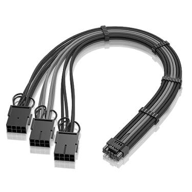 Imagem de EZDIY-FAB Extensão de cabo de alimentação GPU, 16 pinos (12+4) 12VHPWR PCIe 5.0 conector macho para 3X PCIE 8 pinos para RTX4070ti/4080/3090Ti, com pentes de cabo pré-instalados-16AWG/cinza preto