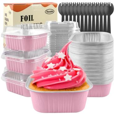 Imagem de Formas de bolo de 293 ml com tampas, pacote com 50, pratos de jantar descartáveis para cupcake, copos quadrados de folha de alumínio para brownie-rosa