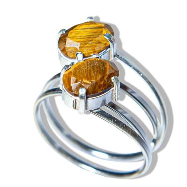 Imagem de Anel 2 Pedras Olho de Tigre Facetado Ajustável Prata 950