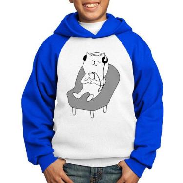 Imagem de Moletom Infantil Gatinho Ouvindo Música - Foca na Moda, Branco, Azul, 