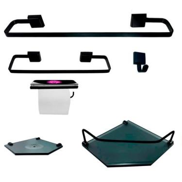 Imagem de Kit Para Banheiro Platinum Luxo Premium Preto Vidro Sextavado Fumê - V