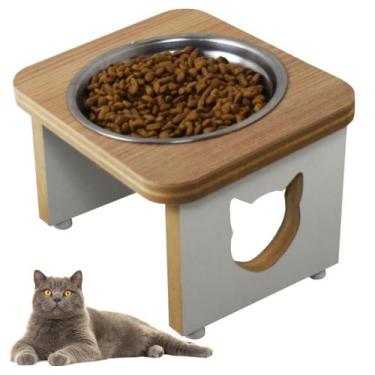 Imagem de Comedouro Pet Gato Elevado MDF Linha Basic - Amadeirado - Maderacco