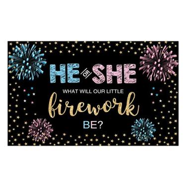 Imagem de Funnytree Pano de fundo para revelação de gênero de 1,8 m x 1,5 m, festa de 4 de julho, azul, rosa, menino ou menina, decoração de estrelas, fundo fotográfico, suprimentos para cabine fotográfica