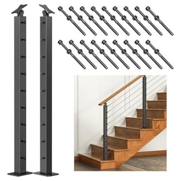 Imagem de Deck Man 2Pack Preto Outboard Ângulo Ajustável Aço Inoxidável Cabo Corrimão Post 36"X2"X2" Cabo Corrimão Poste Final Interior Exterior com Kit de Corrimão de Cabo e Parafuso Ss