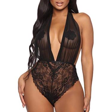 Imagem de Bigfanshu Roupa íntima feminina plus size nova lingerie sexy decote em V profundo frente única macacão macacão, Preto, X-Large