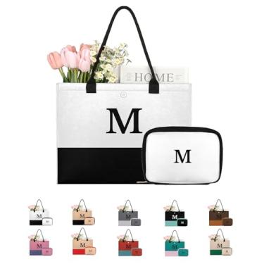 Imagem de Sacola personalizada inicial bolsa de maquiagem de poliéster conjunto de bolsa de praia personalizada e bolsa de higiene de viagem 2 peças bolsas femininas bolsa de feltro para mulheres grande