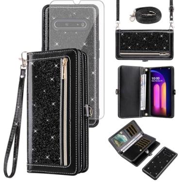 Imagem de Asuwish Capa de telefone para LG V60 ThinQ V60ThinQ 5G G9 fina Q zíper carteira celular com alça protetora de tela de vidro temperado Bling Glitter Flip porta-cartões LGV60 V 60 60ThinQ 60V mulheres