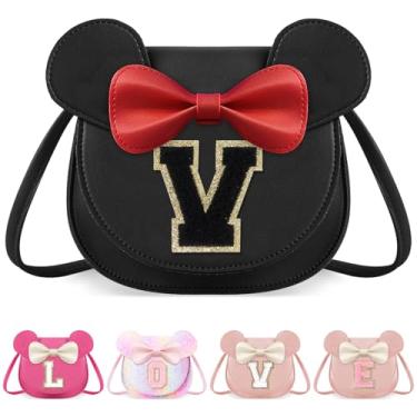 Imagem de izuzta Bolsa infantil pequena para crianças, mini linda carteira com laço de orelha de rato, bolsa transversal, bolsa rosa, presente de aniversário, Grande/Bolsa preta/Letra preta, V, V