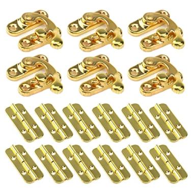 Imagem de KUMGROT Ferrolho de gancho decorativo vintage e dobradiças de caixa pequena gancho de trava direita caixa de joias ferragens para caixa de joias de madeira caixa de presente artesanato mala dourada