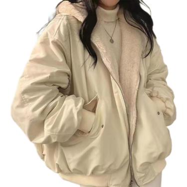 Imagem de Jaqueta sherpa para mulheres adolescentes meninas adolescentes reversíveis y2k zip up capuz de lã de pele grunge casaco de inverno cutecore roupas coreanas, bege, m