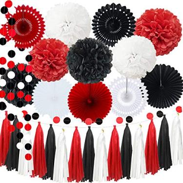 Imagem de InBy 29 peças vermelho, preto, branco, Mickey, Minnie Mouse, joaninha, aniversário, casamento, chá de bebê, despedida de solteira, kit de decoração de festa - 30,48 cm, papel de tecido, pompom, borla de borla, guirlanda de bolinhas, guirlanda de bolinhas, ventilador de papel