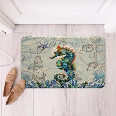 Imagem de Feelyou Tapete de lã macia Seahorse Tapete de banho de poliéster com tema de animais submarinos para crianças, conchas e corais, tapete de banho antiderrapante, aquarela verde e marrom, tapete de