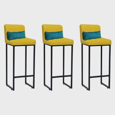 Imagem de Kit 03 Banqueta Alta com Encosto Lucca Industrial Cozinha Balcão Ferro Preto Suede Amarelo e Almofada Azul Turquesa - Ahz Móveis