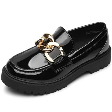 Imagem de CCVON Mocassins plataforma para meninas, sem cadarço, sapatos grossos, bico redondo, uniforme escolar, sapatilhas, Preto, 15