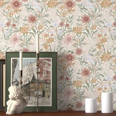 Imagem de tiltil Papel de parede de contato floral de 43 cm × 497 cm, papel de parede boho autoadesivo removível para armários e banheiro