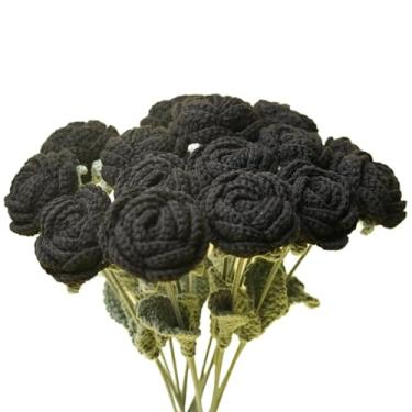 Imagem de Lovmeety 6 peças de crochê com acabamento de flores de rosas tricotadas feitas à mão, buquê de rosas em crochê, presente de flores de crochê para casa, decoração de aniversário, dia das mães