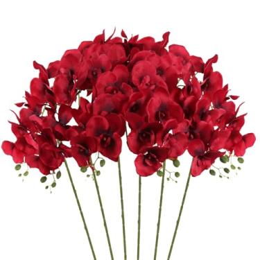 Imagem de INSUNSIX Orquídeas vermelhas flores artificiais 6 peças de orquídeas de seda 89 cm hastes artificiais orquídeas artificiais que parecem reais para decoração de mesa de casamento em casa (vermelho)