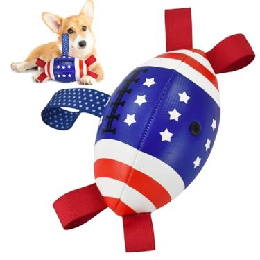 Imagem de ShuRung 4 de julho, brinquedo para cães de futebol com alças, bolas de brinquedo interativas para animais de estimação para cabo de guerra padrão Dia da Independência dos EUA futebol americano para
