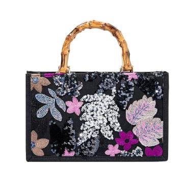 Imagem de Abvokury Bolsa de mão bordada de lantejoulas com alça de bambu floral para festa de casamento, Preto