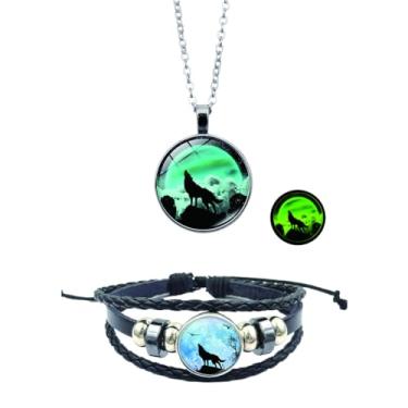 Imagem de HWJQ Colar luminoso e lua, pulseira ajustável, multicamadas, feita à mão, de couro, pulseira de lobo que cresce no escuro, joia com pingente para homens, Aço inoxidável, Sem Pedra Preciosa