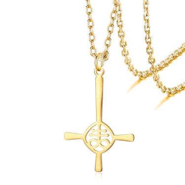 Imagem de VASSAGO Colar com cruz Leviatã para mulheres e homens, colar com símbolo satânico em camadas, pingente de cruz de aço inoxidável, joia da igreja de Satanás (cruz Leviatã dourada), Adjusatble, Aço