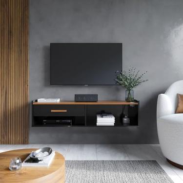 Imagem de Rack Suspenso Creta para Sala de Estar - Suporte para TV e Decoração Moderna, Sala, Quarto (Preto/Cedro)