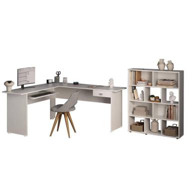 Imagem de Mesa Escrivaninha 1 Gaveta E Estante 10 Nichos Branco ARLY