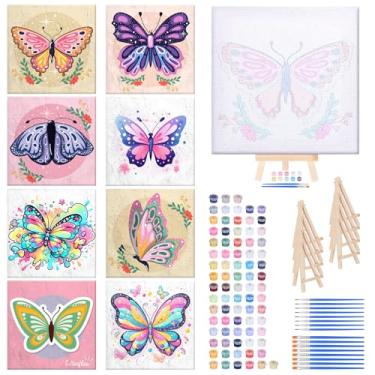Imagem de RoundFunny Conjunto de 8 kits de pintura por números para adultos com mini pintura simples em tela de 20 x 20 cm, armação de madeira, cavalete de tintas acrílicas, pincéis, números engraçados, kit de