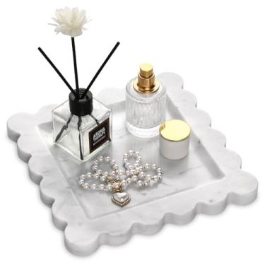 Imagem de Bandeja decorativa quadrada de mármore com borda recortada, bandeja de banheiro de pedra italiana natural de luxo, bandeja de pia de café para perfume de cômoda, anel de bugiganga para chave (branco