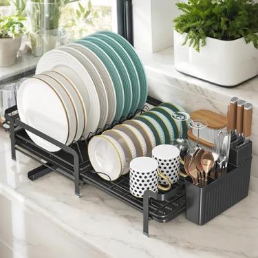 Imagem de DF Escorredor de Louça Expansível (35-55 cm) para Bancada de Cozinha, Escorredor de Pratos com Suporte para Copos e Bandeja Coletora, Alta Capacidade, Preto