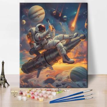 Imagem de TUMOVO Kit de pintura por números para adultos, astronauta com uma garrafa de cerveja na mão contra o fundo de planetas e estrelas, pintura por número para decoração de parede doméstica, 40,6 x 50,8