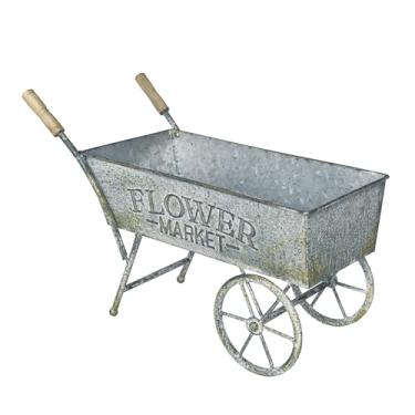 Imagem de Z² BellaDecor Carrinho de flores pequeno de fazenda de 38 cm com alças de madeira, vasos de vagão de metal para plantas ao ar livre, carrinho de mão decorativo, para pátio, jardim, varanda, cinza