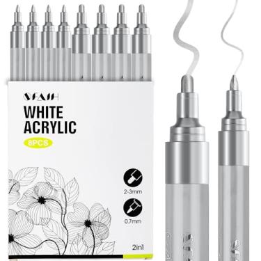 Imagem de SFAIH Canetas de tinta acrílica prata – Pacote com 8 2-3 mm ponta média e marcador de tinta branca extra fina de 0,7 mm para pintura rupestre, madeira, metal, tecido, tela, vidro, cerâmica, artesanato