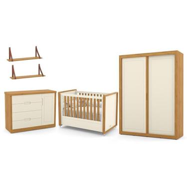 Imagem de Dormitório Tutto New 2 Portas, Cômoda 1 Porta, Berço e Prateleiras - Matic Móveis Off White/Freijó