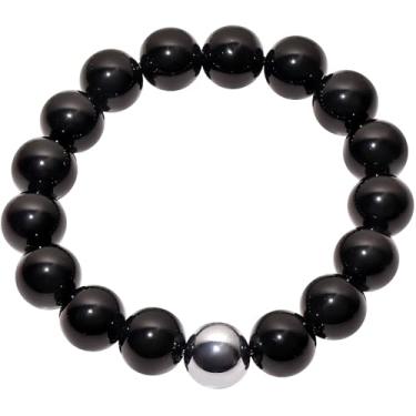 Imagem de Lightock Pulseiras elásticas de 12 mm com contas de obsidiana preta para mulheres e homens, equilíbrio energético, joias de boa sorte, unissex (Terahertz)