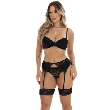 Imagem de Conjunto  Cinta Liga Com Bojo Fristyle Lingerie Renda Preta, P