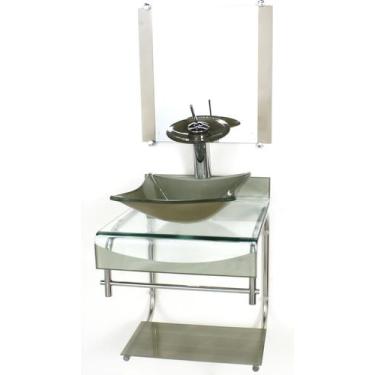 Imagem de Gabinete de vidro 40cm para banheiro curvado duplo inox cuba quadrada 