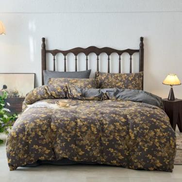 Imagem de BuLuTu Conjunto de capa de edredom de musselina texturizada jacquard King, capa de edredom floral amarelo, capa de colcha de algodão tingido com fio respirável ultra macio com 2 fronhas, 264 cm x 228