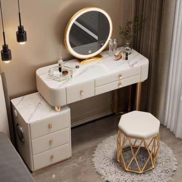 Imagem de Penteadeira De Maquiagem Com Espelho Iluminado Por Led Touch - Penteadeira Com 3 Modos De Iluminação De Cores, 3 Gavetas, Armário De Armazenamento E Estação De Carregamento, Beige 1, 80cm/31.4in