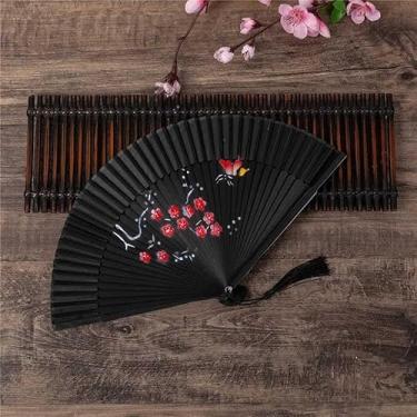 Imagem de Leque de Madeira Oriental Ventilador de Mão Estampado Chique (742504 Preto Sakura Borboleta)