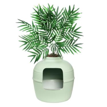 Imagem de Good Pet Stuff, Caixa de areia oculta original e kit essencial de forro reutilizável, caixa de areia de plantador de gato fechada redonda com plantas artificiais, sistema de filtro de odor de carbono,