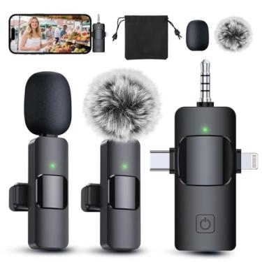 Imagem de Microfone de lapela sem fio profissional 3 em 1 para iPhone, Android, câmera, microfones sem fio, minicampo, qualidade de som cristalina para gravação, transmissão ao vivo, YouTube, TikTok