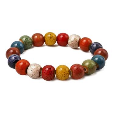 Imagem de QLYOVWE Pulseira feminina de contas cúbicas coloridas boêmias hippie feita à mão com contas de cerâmica elástica para presente de joias nativas americanas, Medium, Metal, Sem Pedra Preciosa