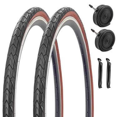 Imagem de Pacote com 2 pneus de bicicleta 700x35c e tubos internos para pneus híbridos de bicicleta parede preta ou parede marrom (parede marrom, 700 x 35C)