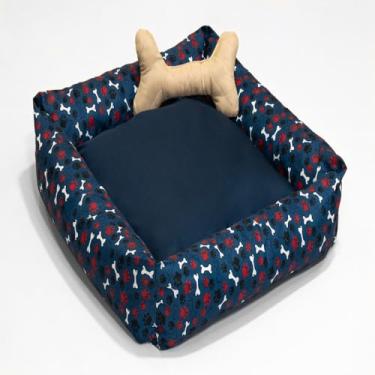 Imagem de Cama Quadrada para Pets com Almofada, Pequeno e Grande Porte, Tecido Gorgurinho Estampado (Azul Marinho, Médio)