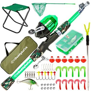 Imagem de DaddyGoFish Bastão de pesca infantil – Combo de vara telescópica e carretel com caixa de equipamento, rede de pesca, cadeira dobrável, suporte de vara e bolsa de transporte para meninos e meninas (verde, 4)