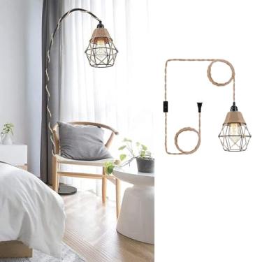 Imagem de Arandelas de parede E27 Plug in Rústico Antigo Lâmpada de Parede com Interruptor Arandela de Parede com Suporte de Madeira Cabo de Corda Industrial Gaiola de Metal para Cozinha, Ilha, Quinta, Jantar