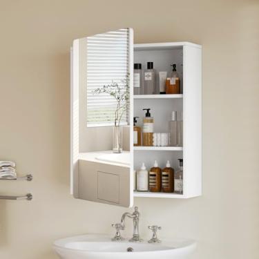 Imagem de TEENFON Espelho de armário de remédios com 2 prateleiras ajustáveis, espelho de banheiro com armazenamento, armário de banheiro embutido ou montado na parede, branco