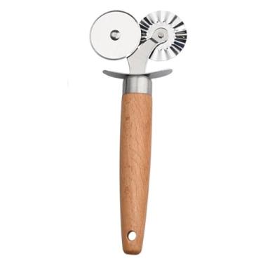 Imagem de gifthub Cortador de roda de pastelaria de rolo duplo de aço inoxidável com cabo longo de madeira, roda de cortador de ravioli com orifício para pendurar, fácil de armazenar, roda de cortador de massa