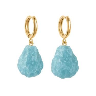 Imagem de Brinco de Argola Água Marinha - Cristal Natural, Banho Ouro 18k